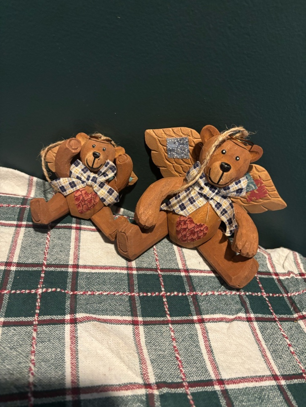 Set of 2 Handmade Vintage Hanging Wooden Bear Angels with Moving Limbs